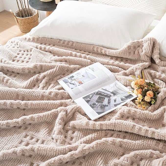 60x80 Inch Waffle Brown Twin Blanket -Fluffy Fleece, Neutral Tan Color - Image 6