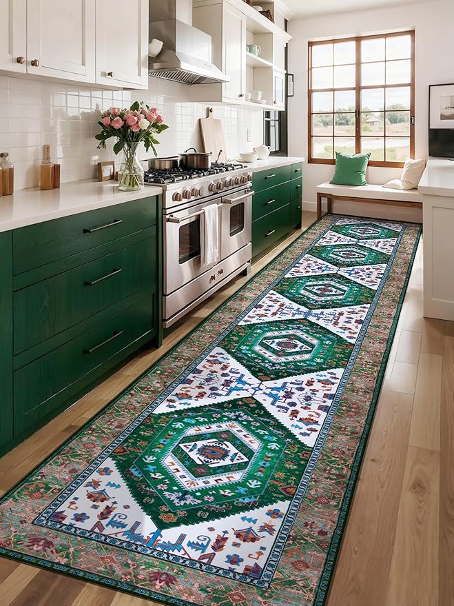 SERISSA Runner Rug for Hallways, Extra Long Boho Rug Ultra Soft Vintage Green - Image 2
