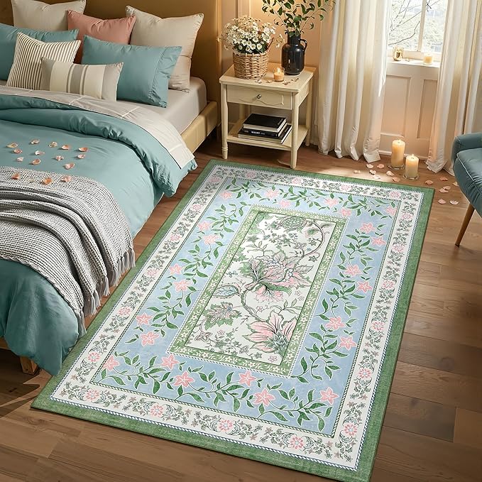 GarveeHome Blue Green Pink Area Rugs 9x12 Living Room, Botanical Grove Cottage - Image 2