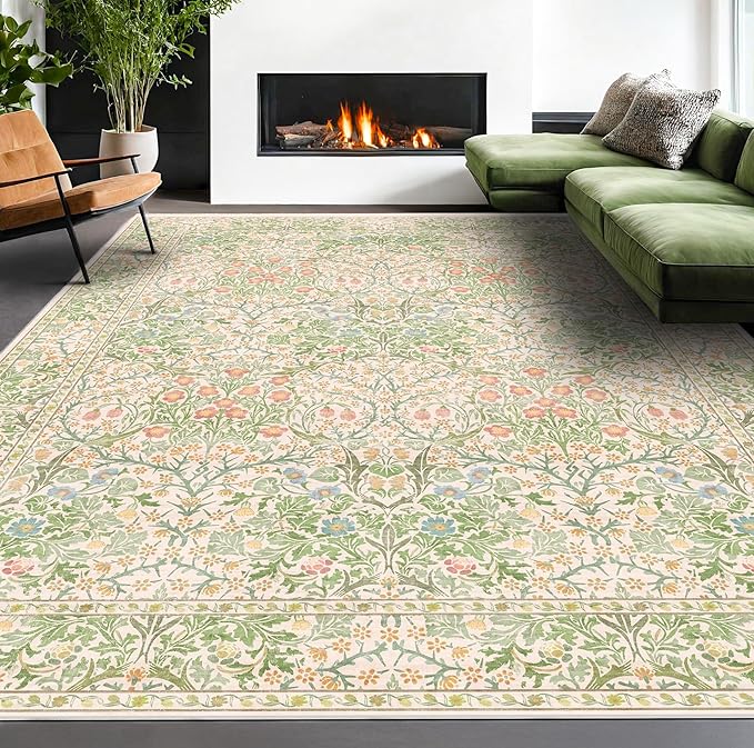 Cream Green Washable 8x10 Area Rugs by HazoHaus