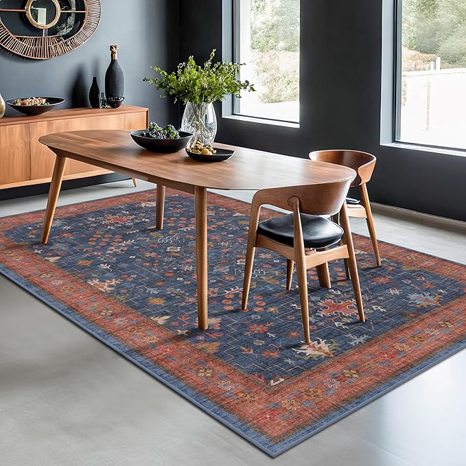 Hazo Haus Dark Blue & Terracotta 5x8 Living Room Rug - Image 3
