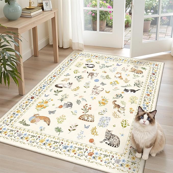 Cat 3x5 Area Rugs for Entryway, Machine Washable Animal Floral Accent Rug by Soalmost