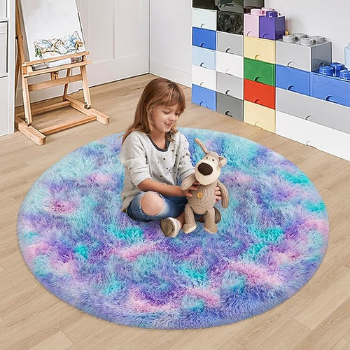 4x4 ft Tie Dye Rainbow Round Rug by JiaoBaba