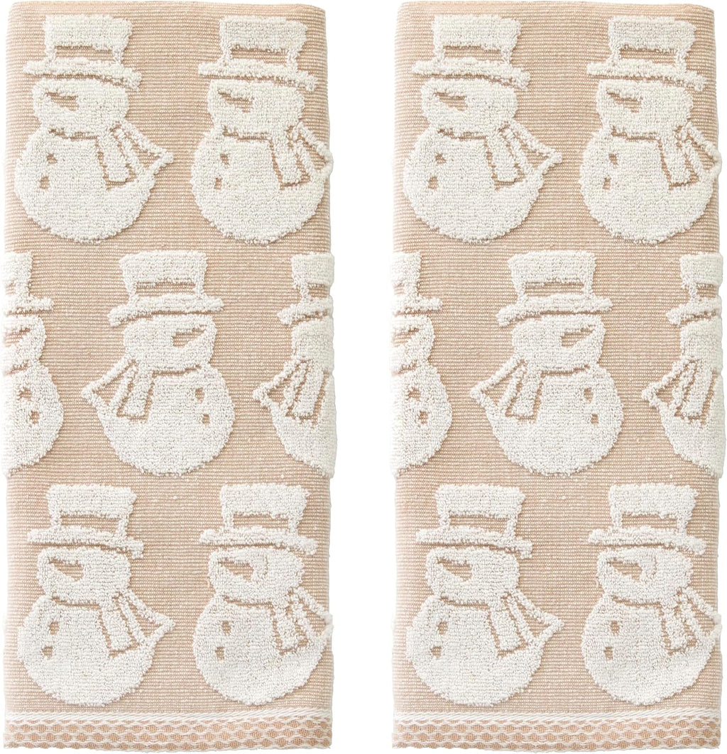 SKL Home Christmas/Winter Snowman Hand Towel Set-2pc, Jacquard, Tan | 100% Cotton. Soft, absorbent & reversible. Great for use in the bathroom, kitchen, or bar & gifting.