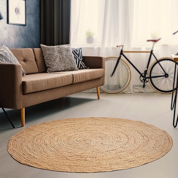 Hausattire Hand Woven Jute Braided Rug, 5’ Round – Natural, Reversible Boho by Hausattire