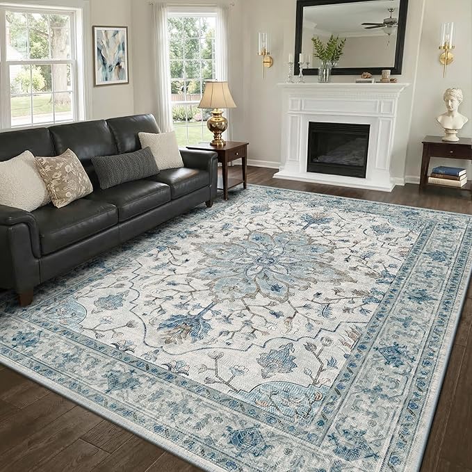 RELEANY Area Rugs 8'x10' Washable Non-Slip, Floral Vintage Distress Print by RELEANY