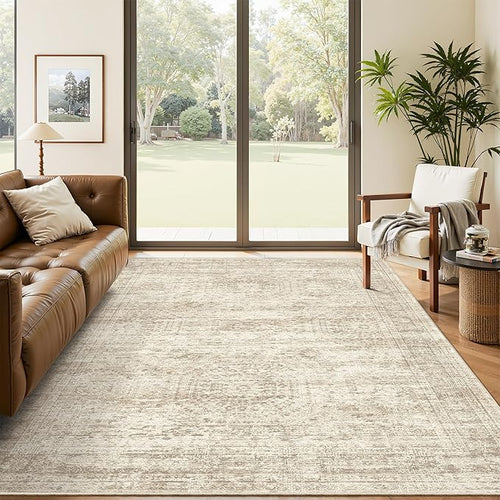 5x7 Area Rugs Beige Low Pile Indoor Washable Trendy Faded Style Rugs by Soalmost