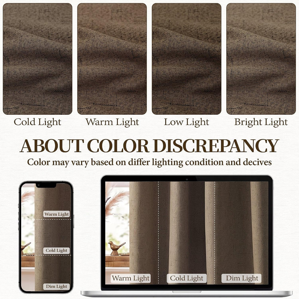 Brown 100% Blackout Curtains 84 Inches Long Burlap Drapes 2 Panels 52x84