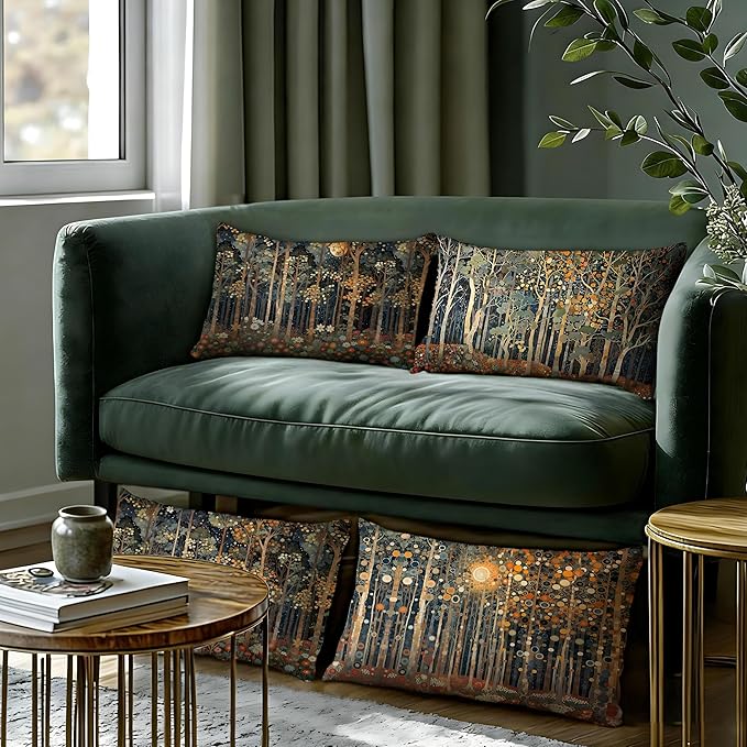 Rustic William Morris Inspired Forest Moon Pillow Covers 12x20 Set of 4 - Image 6
