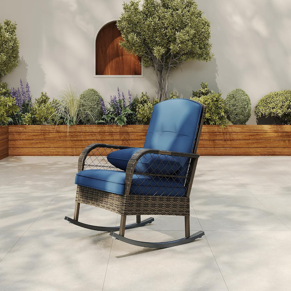 IDEALHOUSE Outdoor Wicker Rocking Chair, Patio Rattan Rocker Chair with Cushi...