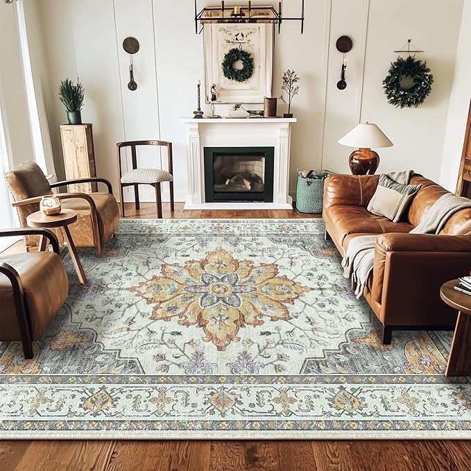 Area Rugs 8'x10' Washable Non-Slip, Floral Vintage Distress Print Pattern - Image 2