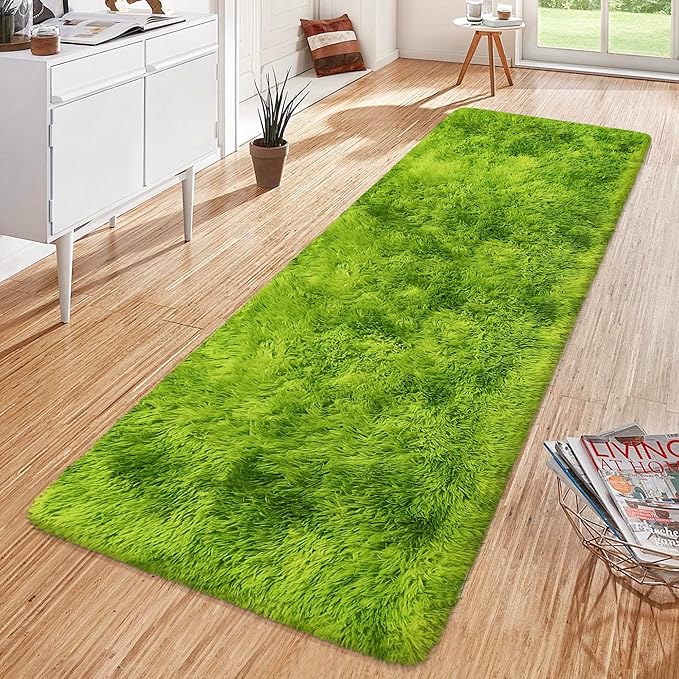 Tie-Dyed Runner Rug for Bedroom Green 2x6ft Fluffy Area Rug Bedside Runner Rug by JiaoBaba
