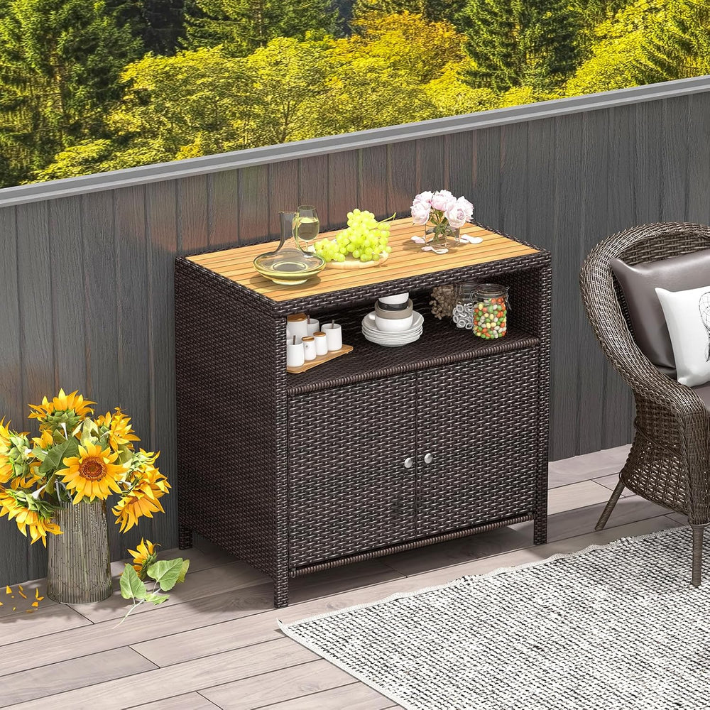 Tangkula Rattan Outdoor Storage Cabinet, Patiojoy Outdoor Cabinet with Acacia...