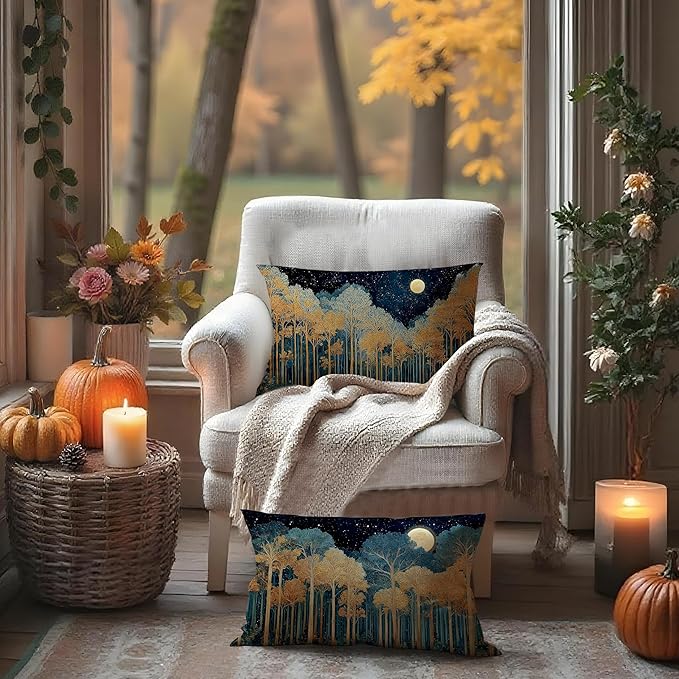 Rustic William Morris Inspired Gold Forest Moon Pillow Covers 12x20 Set of 2 - Image 3