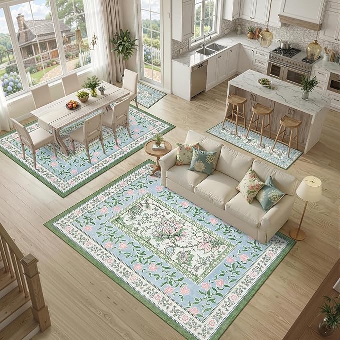 GarveeHome Blue Green Pink Washable 5x7 Area Rugs, Botanical Grove Vintage - Image 3