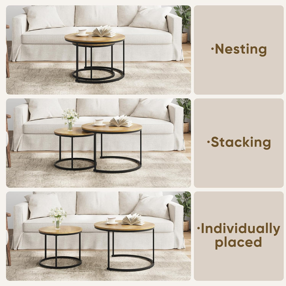 Smuxee Nesting Coffee Table Set of 2, 27.6" Round Coffee Table Wood Grai...