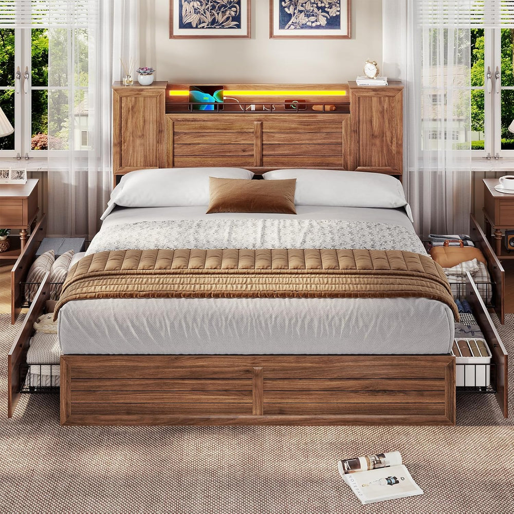 Farmhouse Full Size Bed Frame with Headboard and Double Barn Door Storage Cab...