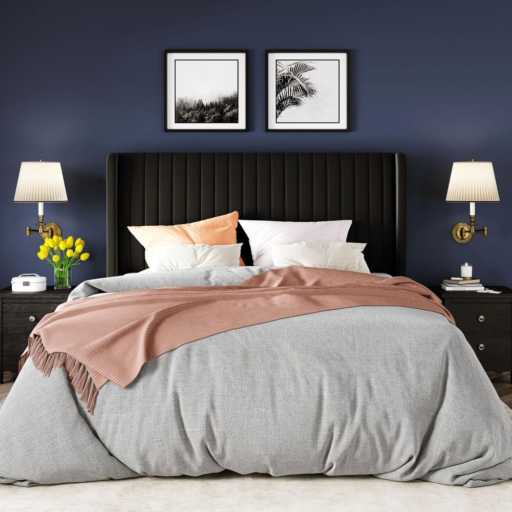 Allewie Full Size Velvet Bed Frame/Vertical Channel Tufted Wingback Headboard...