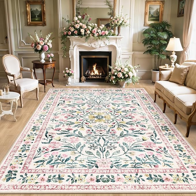 8x10 Area Rugs for Living Room: Floral Washable Rug Vintage Large Soft Boho by PLHXFRSoftAreaRugs