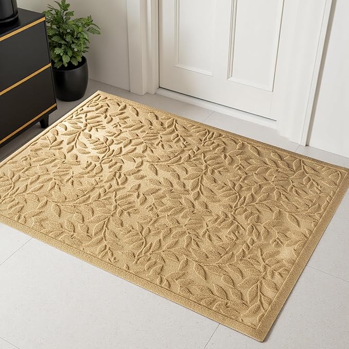 Beige Leaves Outdoor Indoor Entrance Door mat, Absorbent Durable Heavy Duty by VivaNest