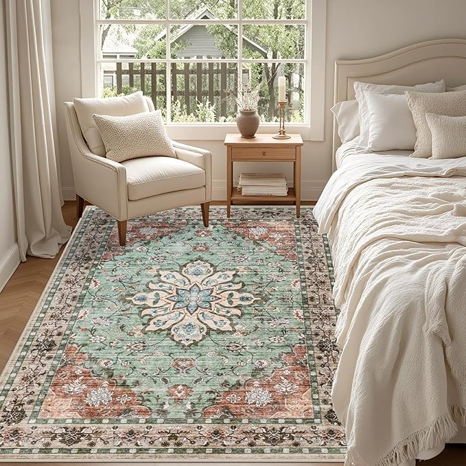 5x7 Area Rugs Living Room Rug: Washable Vintage Distressed Floral Rug No Slip - Image 4