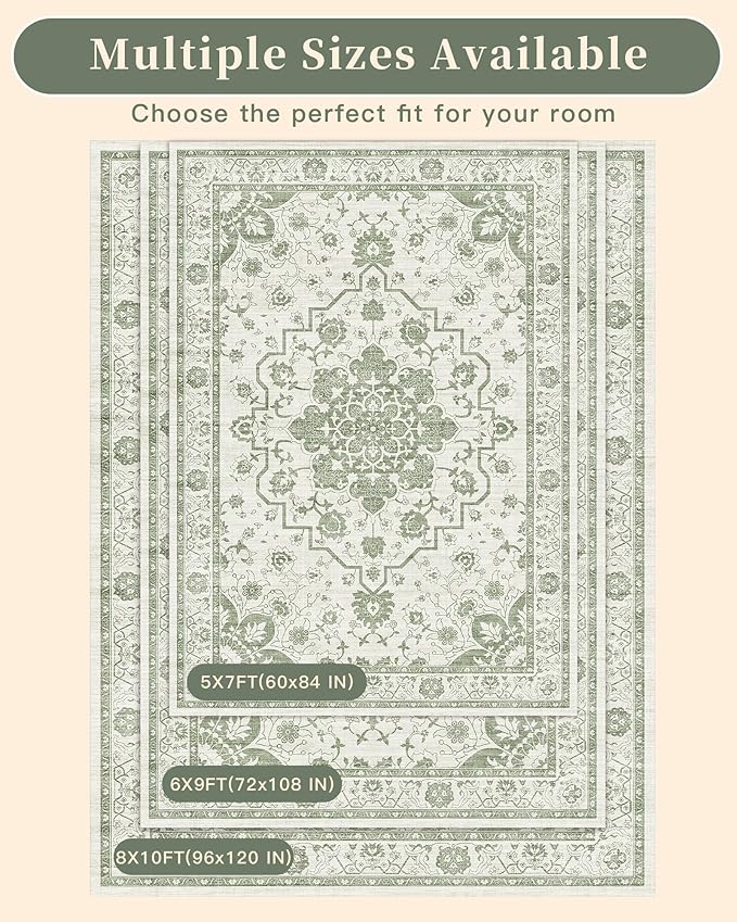Madane 8x10 Area Rugs for Living Room, Machine Washable Vintage Green Rug - Image 9