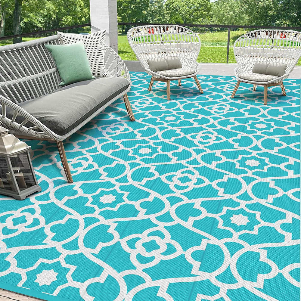 HEBE Waterproof Outdoor Rug 9'x12', Geometric Reversible Plastic Pati...