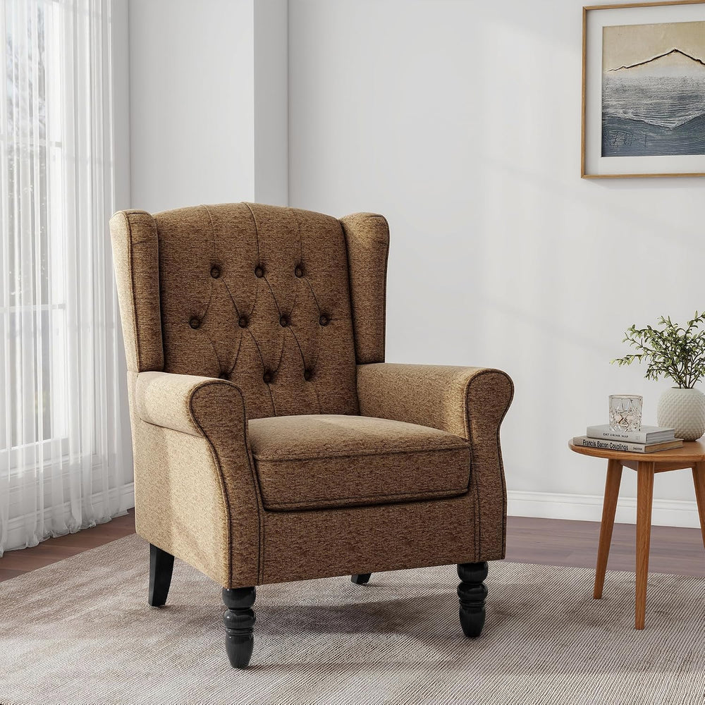 Chenille Wingback Accent Chair, Tufted High Back Armchair, Light Brown
