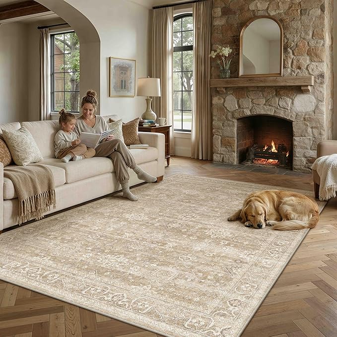 9x12 Washable Area Rug for Living Room Bedroom Vintage Beige Non Slip Carpet - Image 3