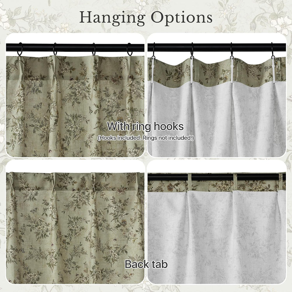 NICETOWN Sage Green Floral Linen Curtains Cafe Curtains, W26 x L36