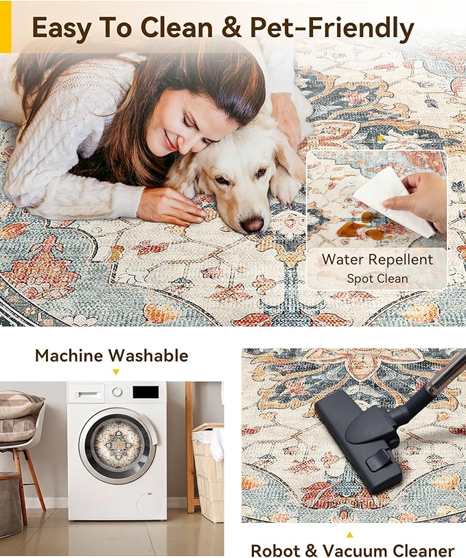 RELEANY Area Rugs 5ft Washable Non-Slip, Floral Vintage Distress Print Pattern - Image 4