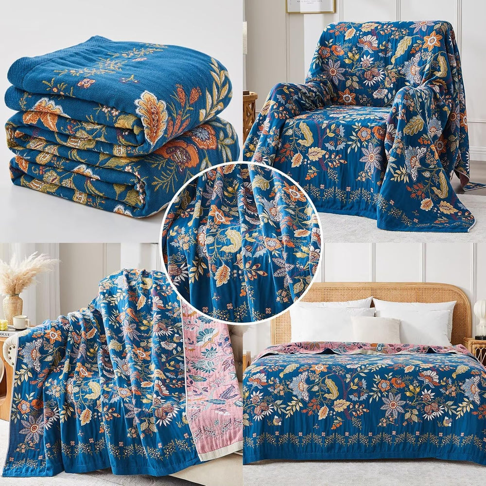 Boho Blanket Soft Muslin BohoThrow Blanket, 100% Cotton Floral Printed Farmho...