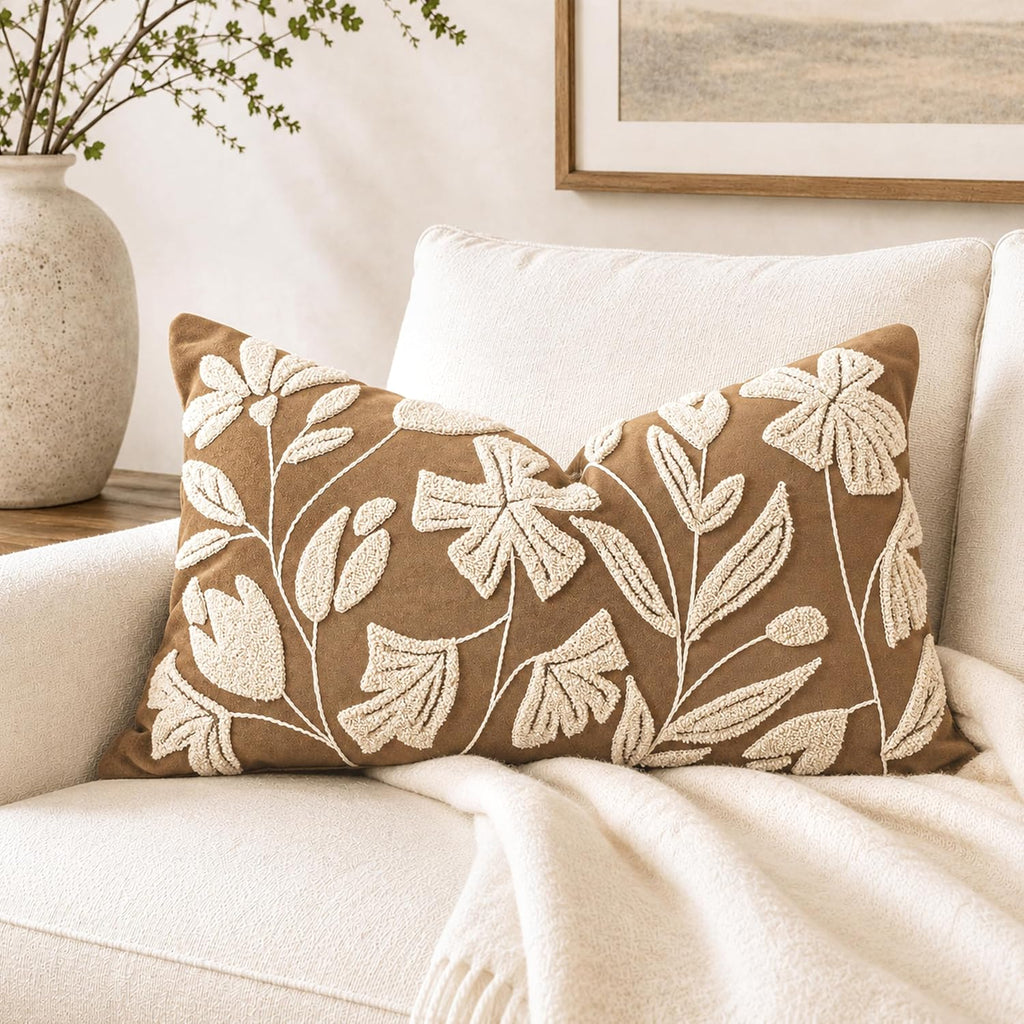 12x20 Lumbar Pillow Cover, Rectangular Brown Decorative Throw Pillowcase for Couch Sofa, Embroidered Velvet Farmhouse Accent Cushion (Cover Only)