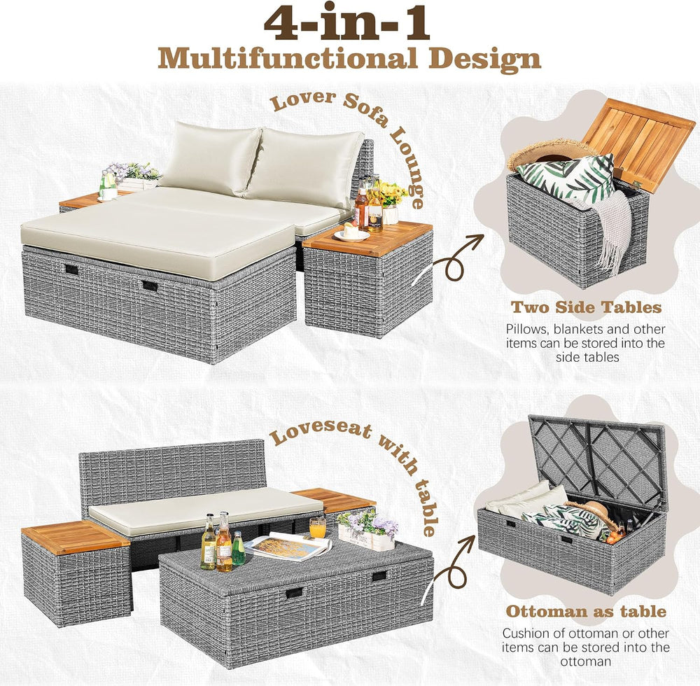 Flamaker Outdoor Rattan Daybed with 2 Side Tables, Wicker Patio Sofa