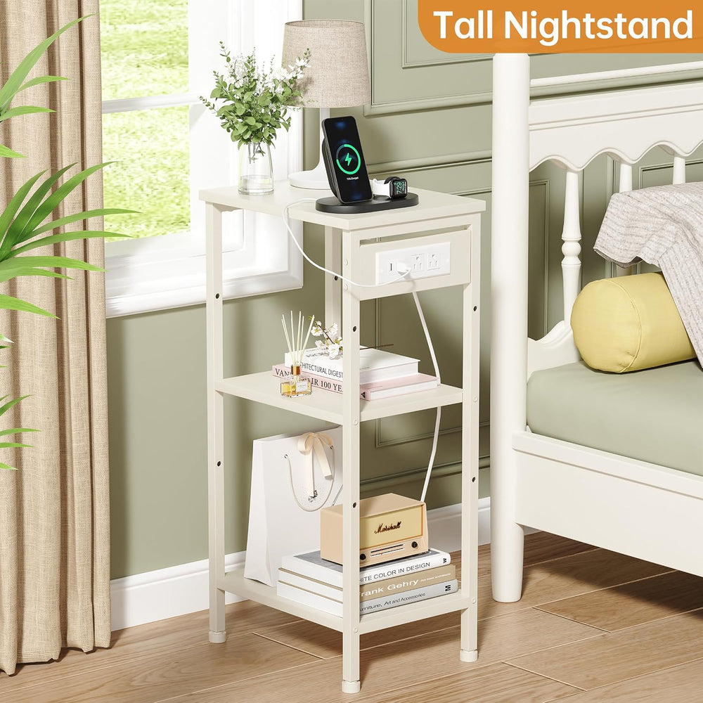 Asgolion Tall End Table with Charging Station, Narrow Tall Side Table | 3 Tie...