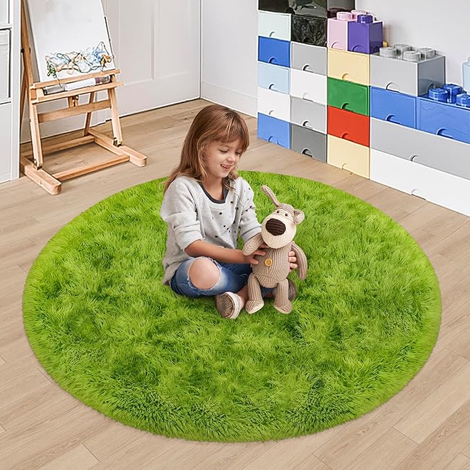 4x4 ft Tie Dye Green Round Rug for Bedroom Room Fluffy Circle Rug Furry Carpet by JiaoBaba