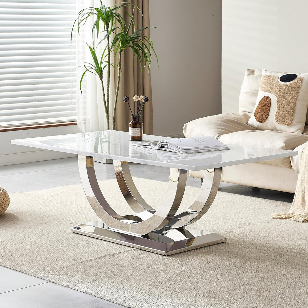 Henf Modern 50" Coffee Table White Faux Marble Center Table with Silver ...