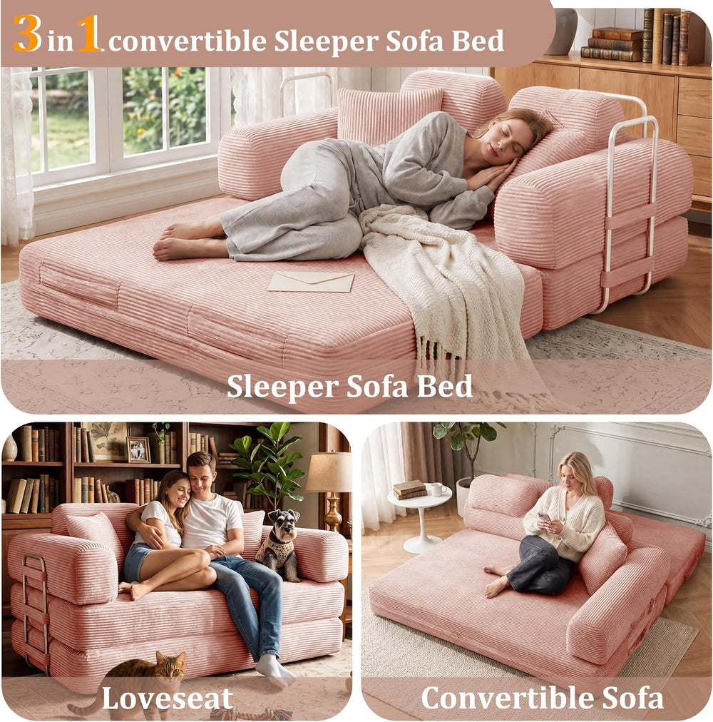 Convertible Sofa Couch Bed, 53.14"Folding Corduroy Floor Compression Lov...