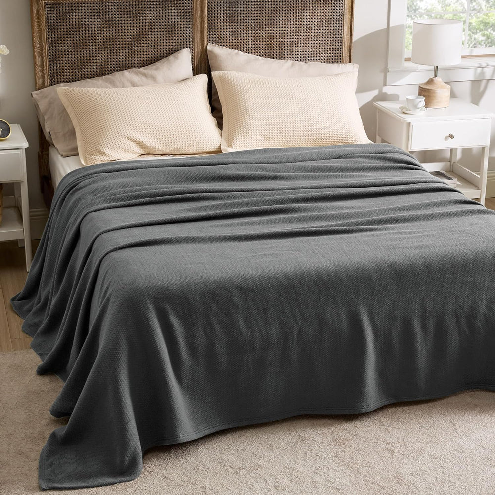 Bedsure 100% Cotton Blanket, Herringbone Weave, Queen Size, Dark Grey