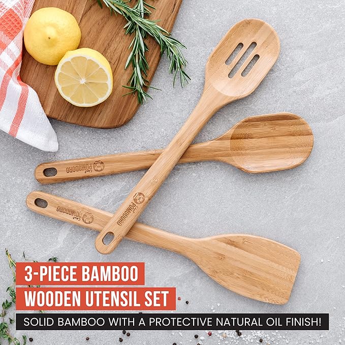 Chef Pomodoro Bamboo Cooking Utensils 3-Piece Set, Large 12.5-Inch Wooden - Image 3