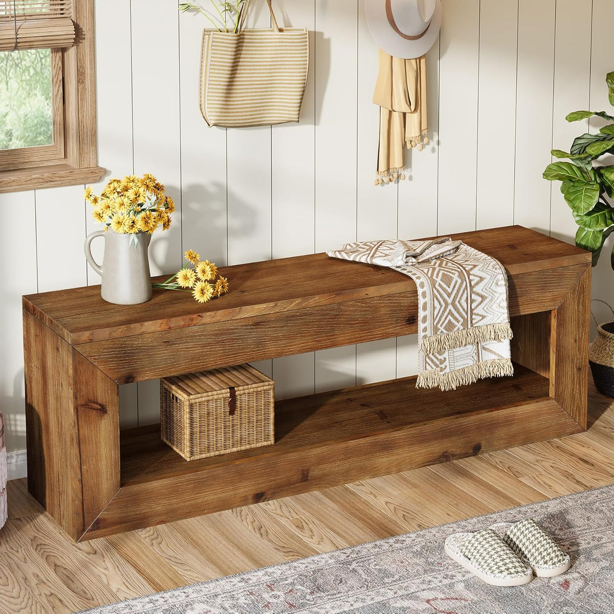 Solid Wood Entryway Bench, 47" Rustic Farmhouse Indoor Bench Seat with Storage Shelf for Entrance, Hallway, End of Bed