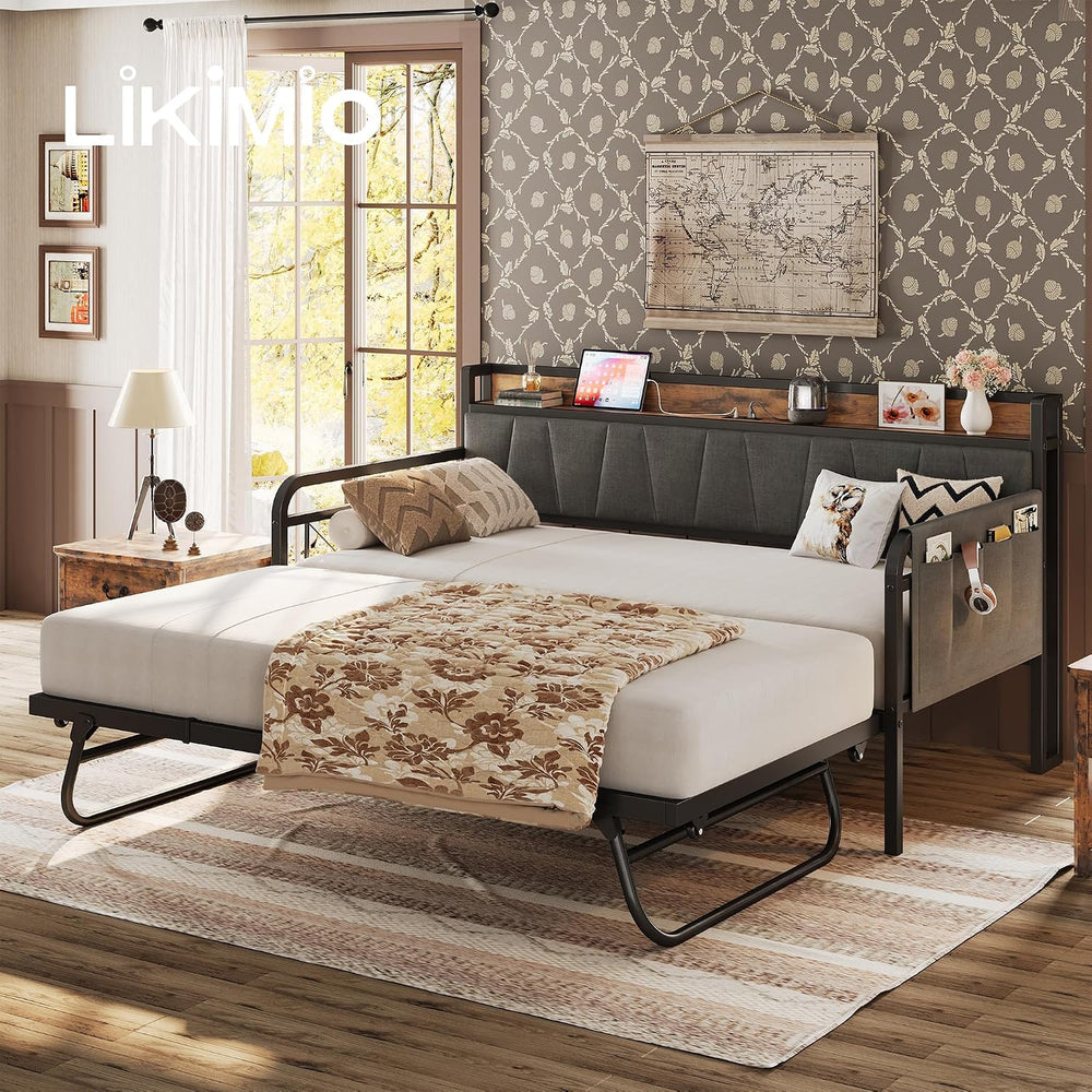LIKIMIO Twin Daybed with Trundle, Twin Bed Frames, Grey/Brown