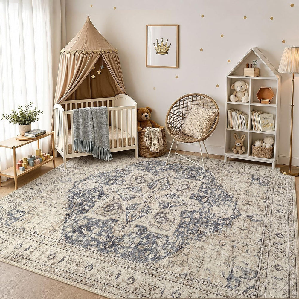 Tortania Area Rug 10x14 Living Room Rug Washable Soft Cream/Blue