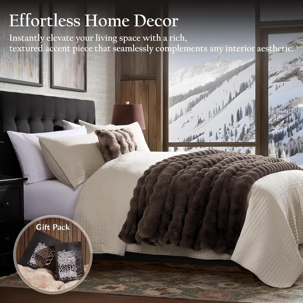 WDCOZY Luxury Bubble Throw Blanket, Brown Faux Rabbit Fur Mink Plush Throw fo...