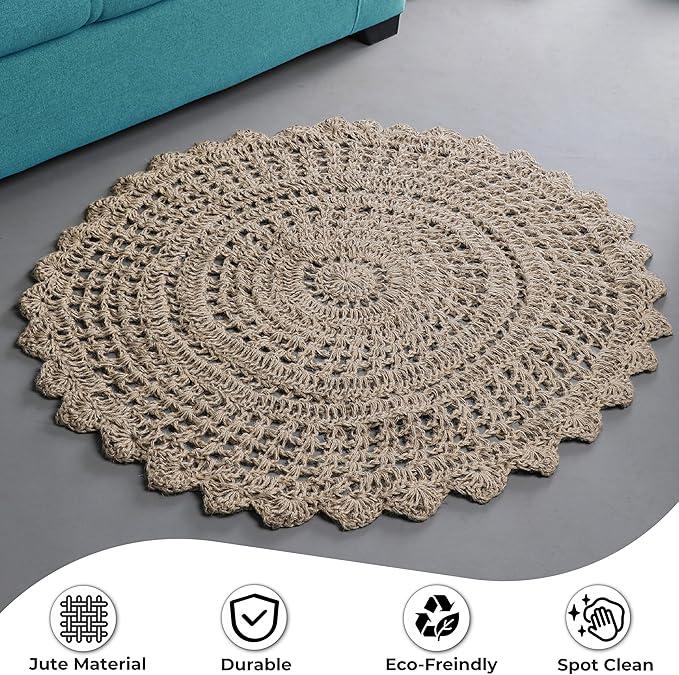Hausattire Hand Woven Jute Crochet Rug, 3’ Round – Natural, Anti-Slip Accent - Image 6