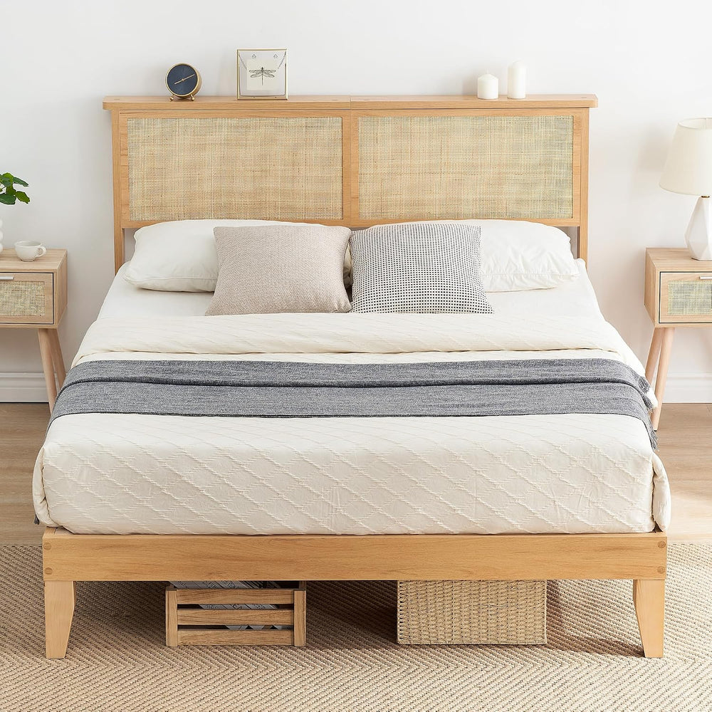 coucheta Bohemian Queen Rattan Bed LED Natural Headboard Bedroom