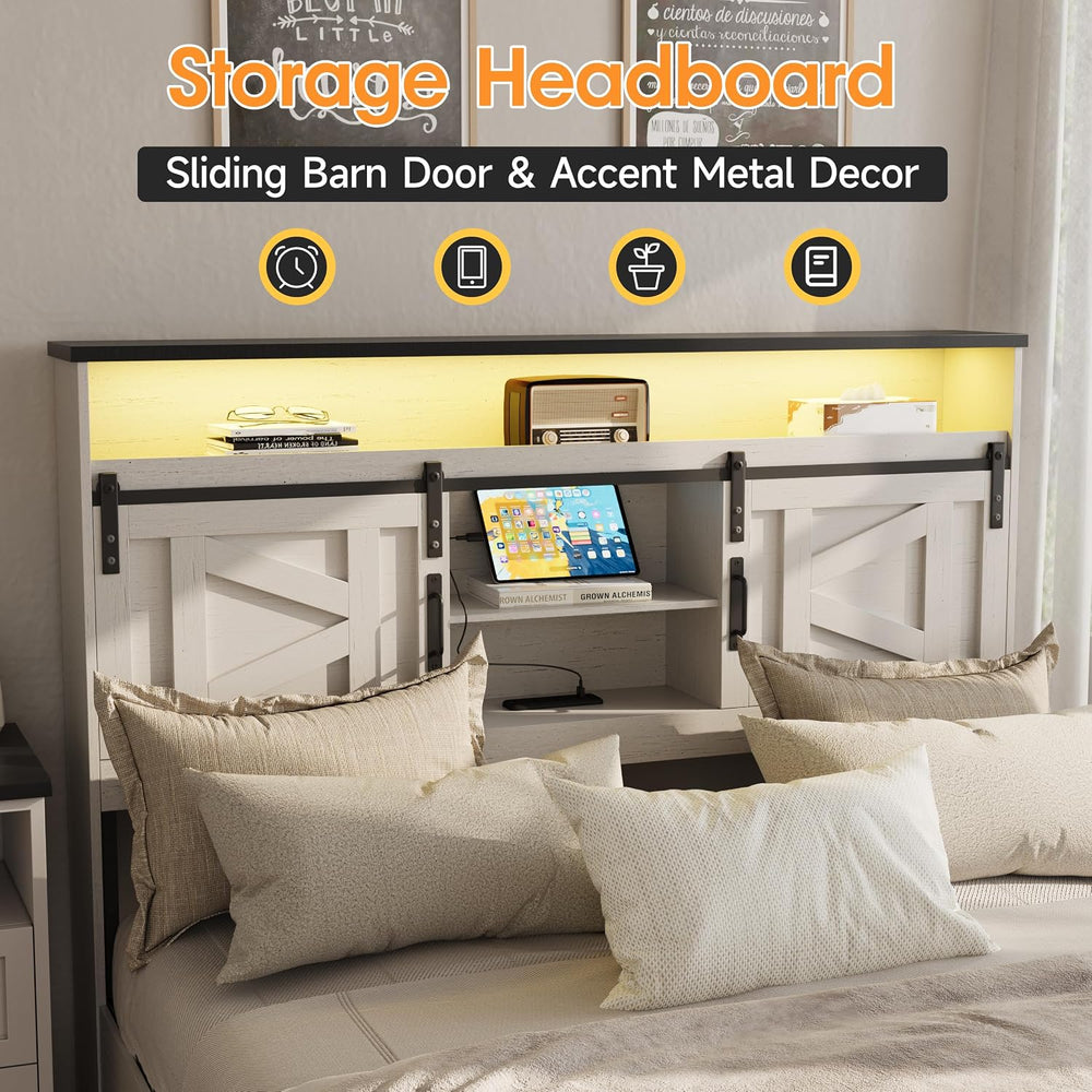 Fameill Farmhouse Full Size Bed Frame with 4 Drawers and Bookcase Headboard, ...