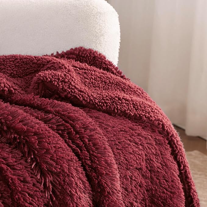 Bedsure GentleSoft Fuzzy Sherpa Faux Fur Twin Blanket Burgundy Red Cozy Gifts - Image 4