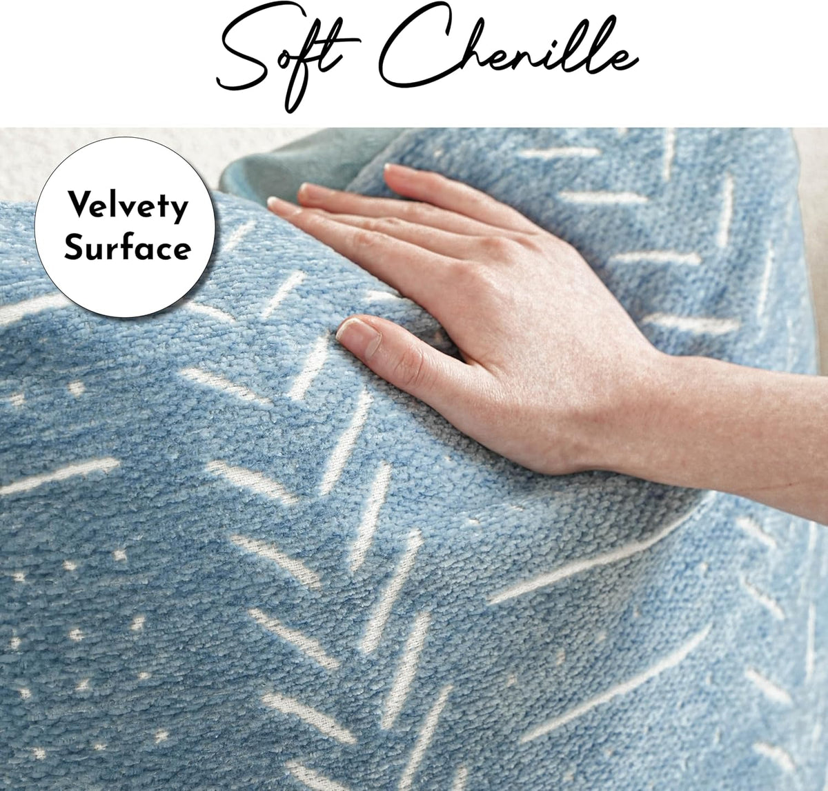 decorative long pillow cover 14x36 blue woven chenille shown in use