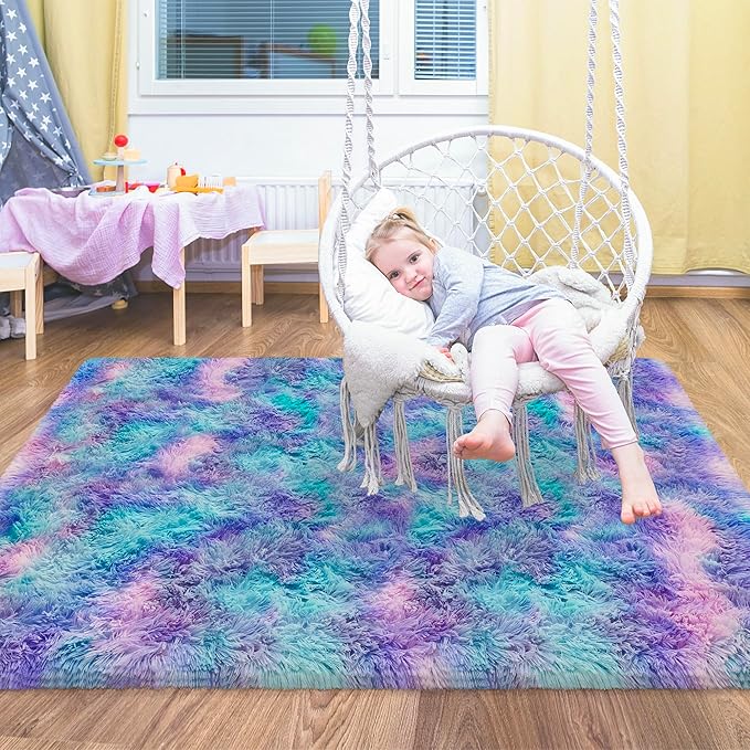 Small Area Rug for Bedroom 3x5ft Mini Tie-Dye Purple Rainbow Fluffy Rug Mat - Image 2